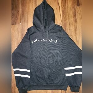 Womens sz L Black "Friends" Hoodie with Double White Stripes on Each Sleeve